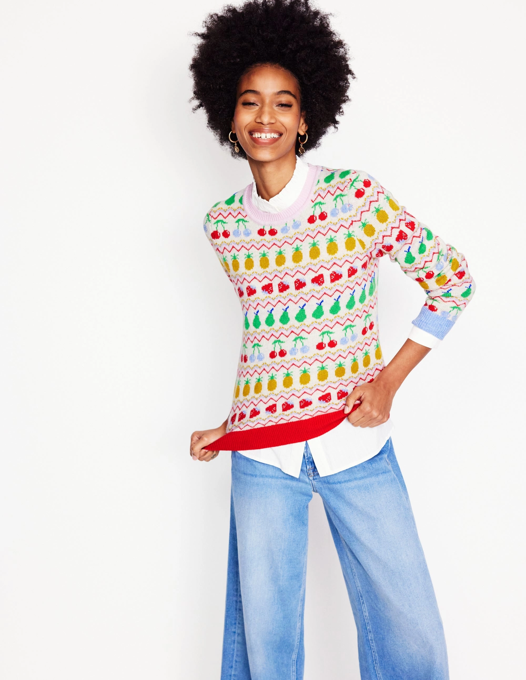Edie Fair Isle Jumper-Ecru Marl, Fruit Breathable Honeycomb Weave