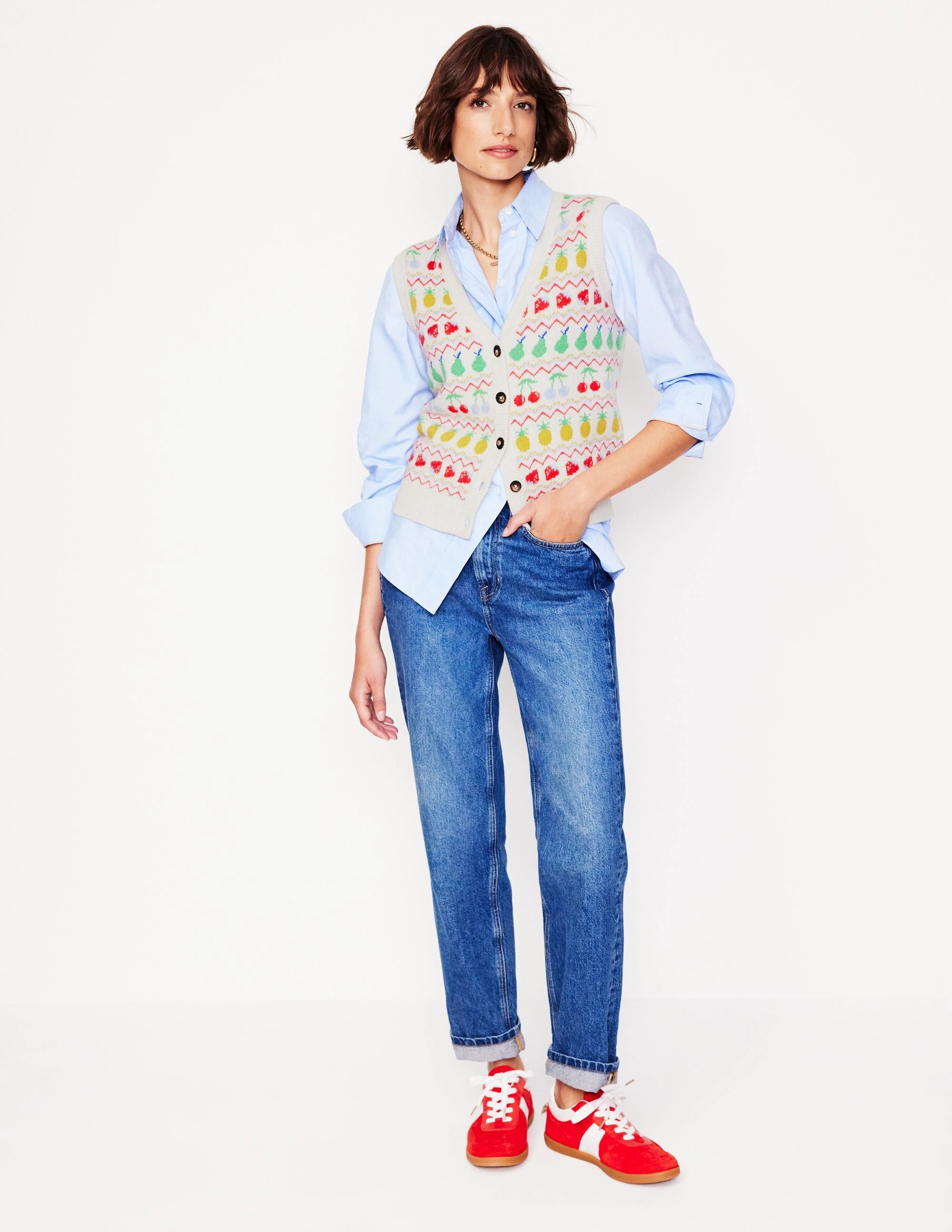 Quick Dry Knitwear Smooth Flatlock Seams Edie Fair Isle Waistcoat-Ecru Marl, Fruit