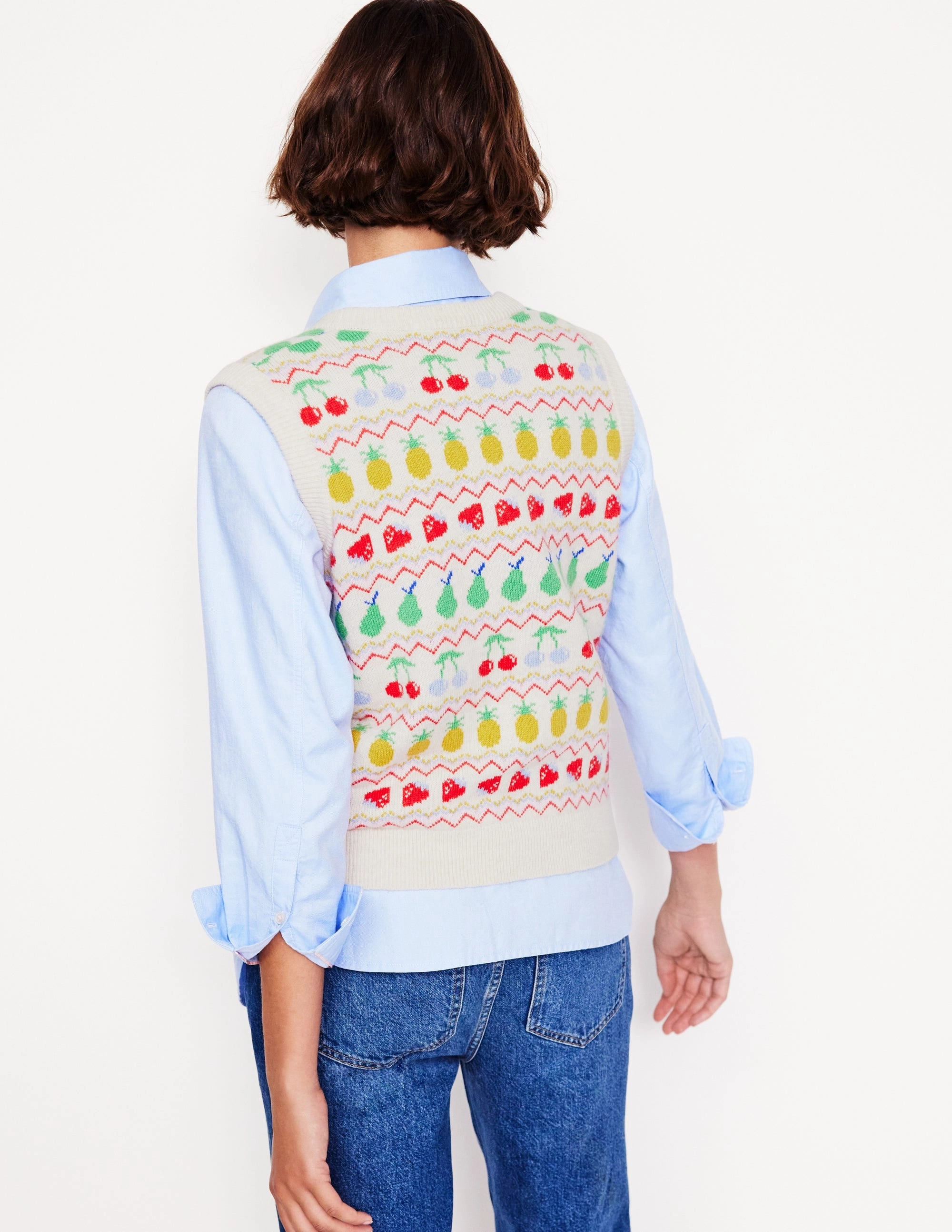 Edie Fair Isle Waistcoat-Ecru Marl, Fruit Seam Free PreShrunk Material