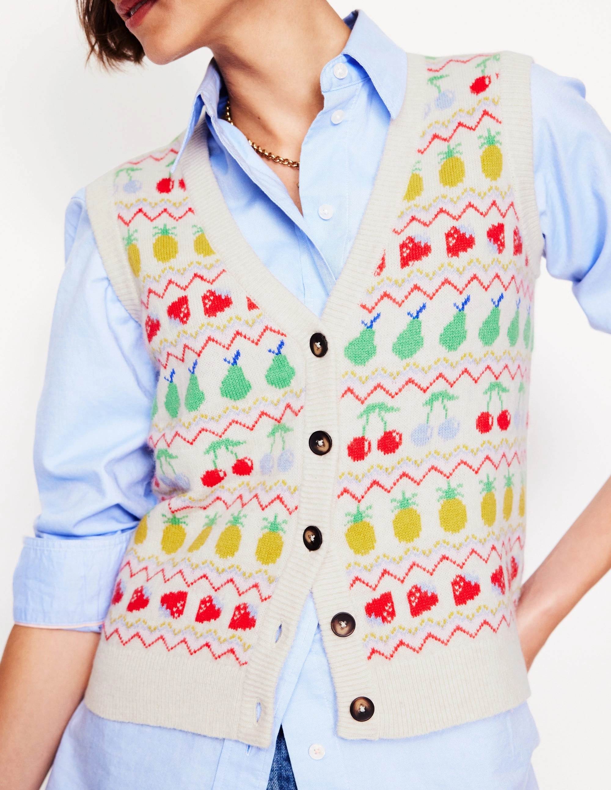 Minimalist Button Placket Essential Look Edie Fair Isle Waistcoat-Ecru Marl, Fruit