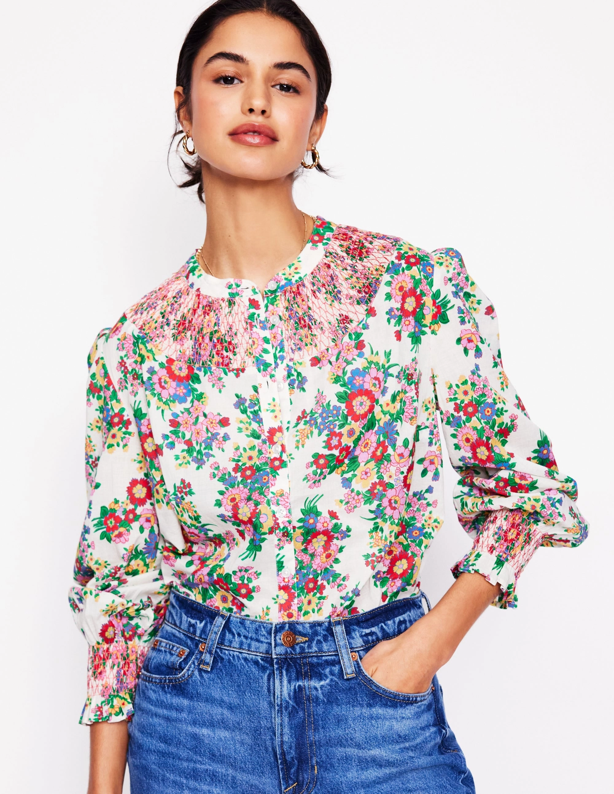 Effie Smocked Blouse-Multi, Bouquet Cluster RibbedHemline