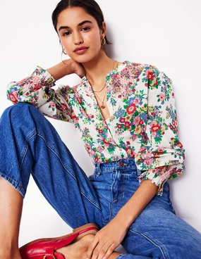 Effie Smocked Blouse-Multi, Bouquet Cluster Hygroscopic Inner Layer ResilientStretch