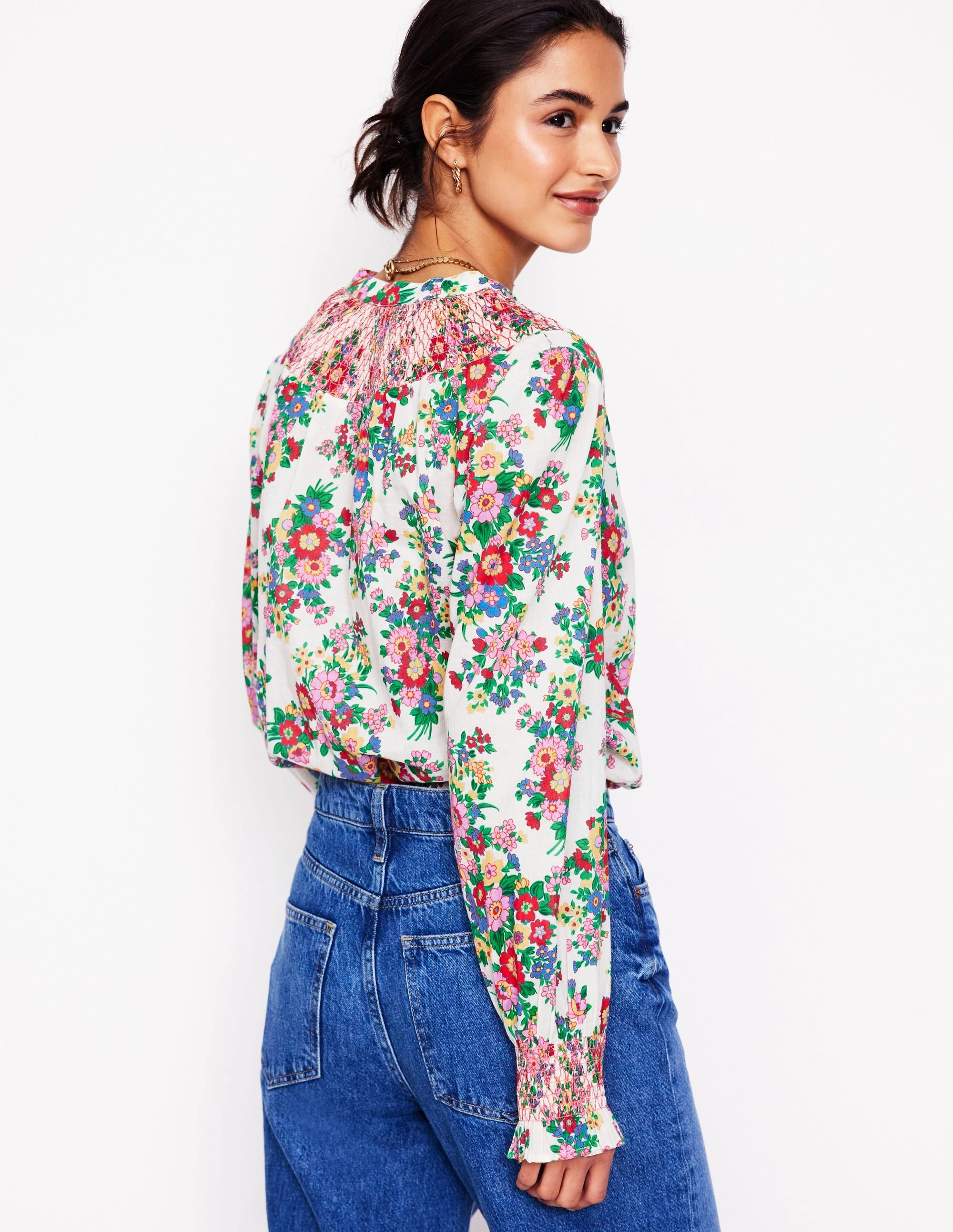 NonSlip Grip Tape Effie Smocked Blouse-Multi, Bouquet Cluster