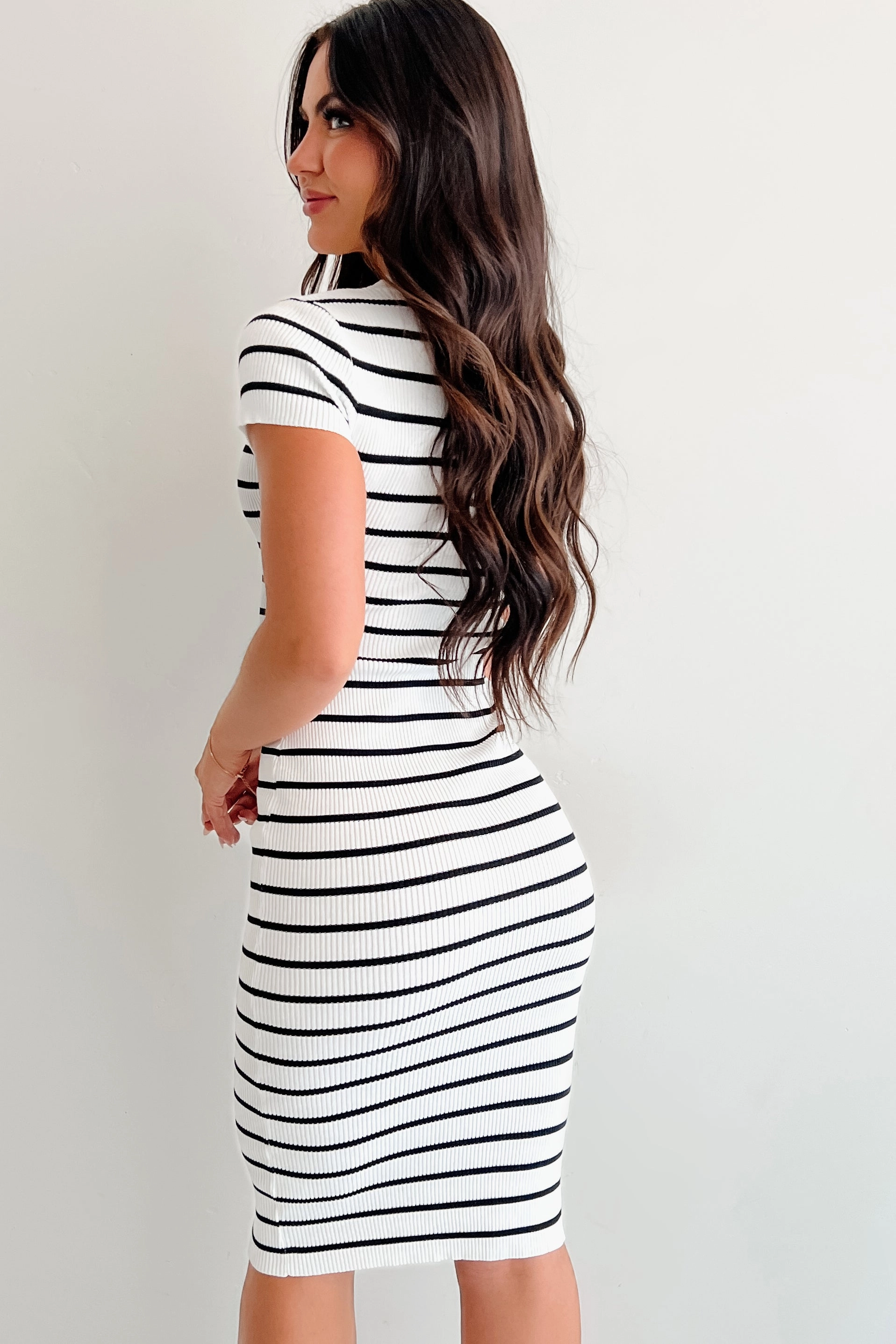 Effortless Wear All-Purpose Comfort The Real Thing Striped Bodycon Midi Dress (White)