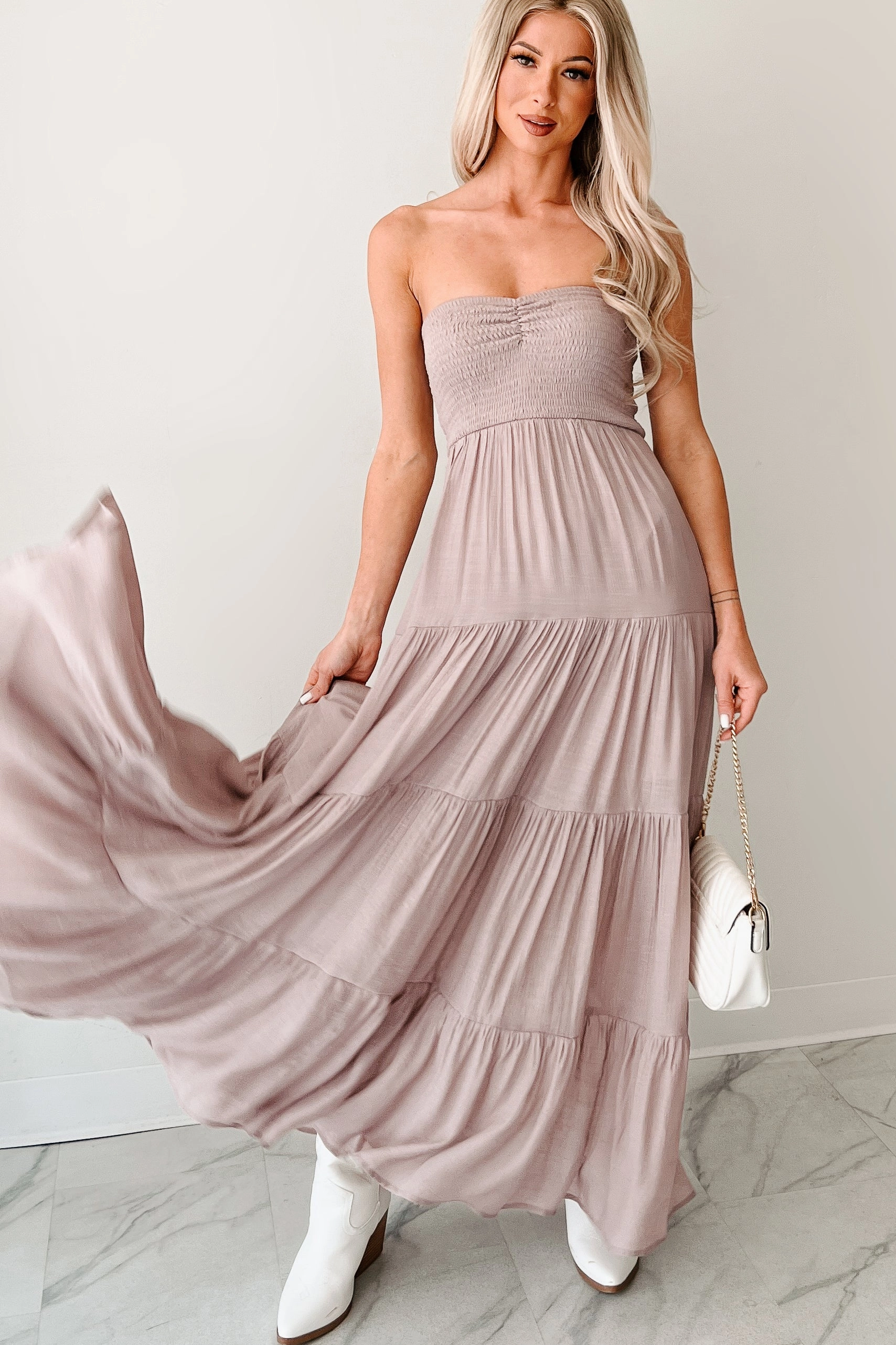 Trading Smiles Strapless Tiered Maxi Dress (Dark Mauve) Fall Style Sleek Comfort