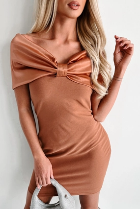 Elegant Era Off The Shoulder Bodycon Mini Dress (Tan) Trendy pick