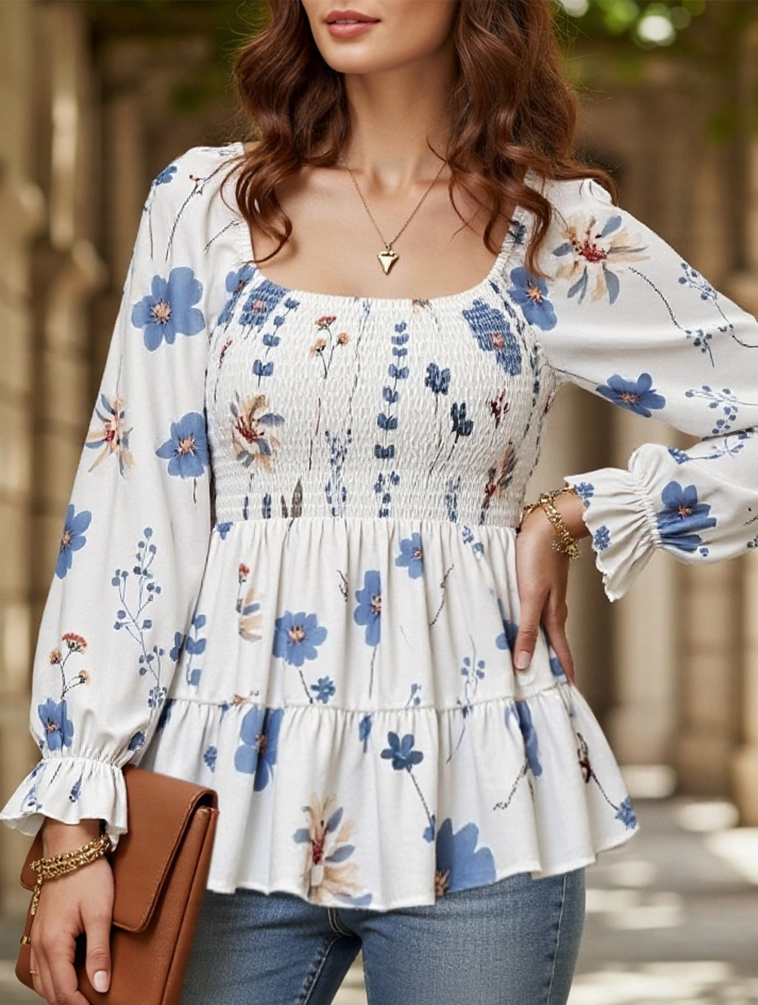 Elasticized Waistband Elegant Floral Print Long-Sleeve T-Shirt