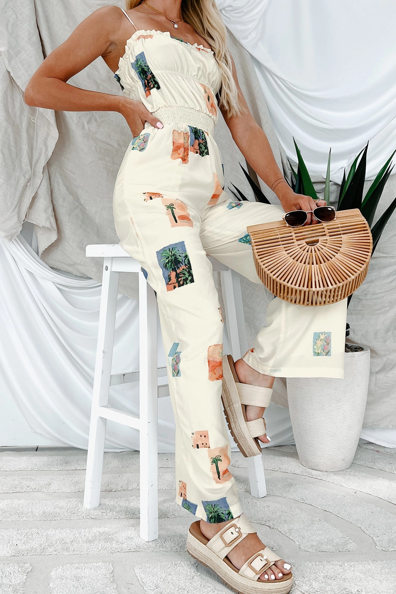 spring outfit Sun & Done Printed Wide Leg Jumpsuit (Cream)