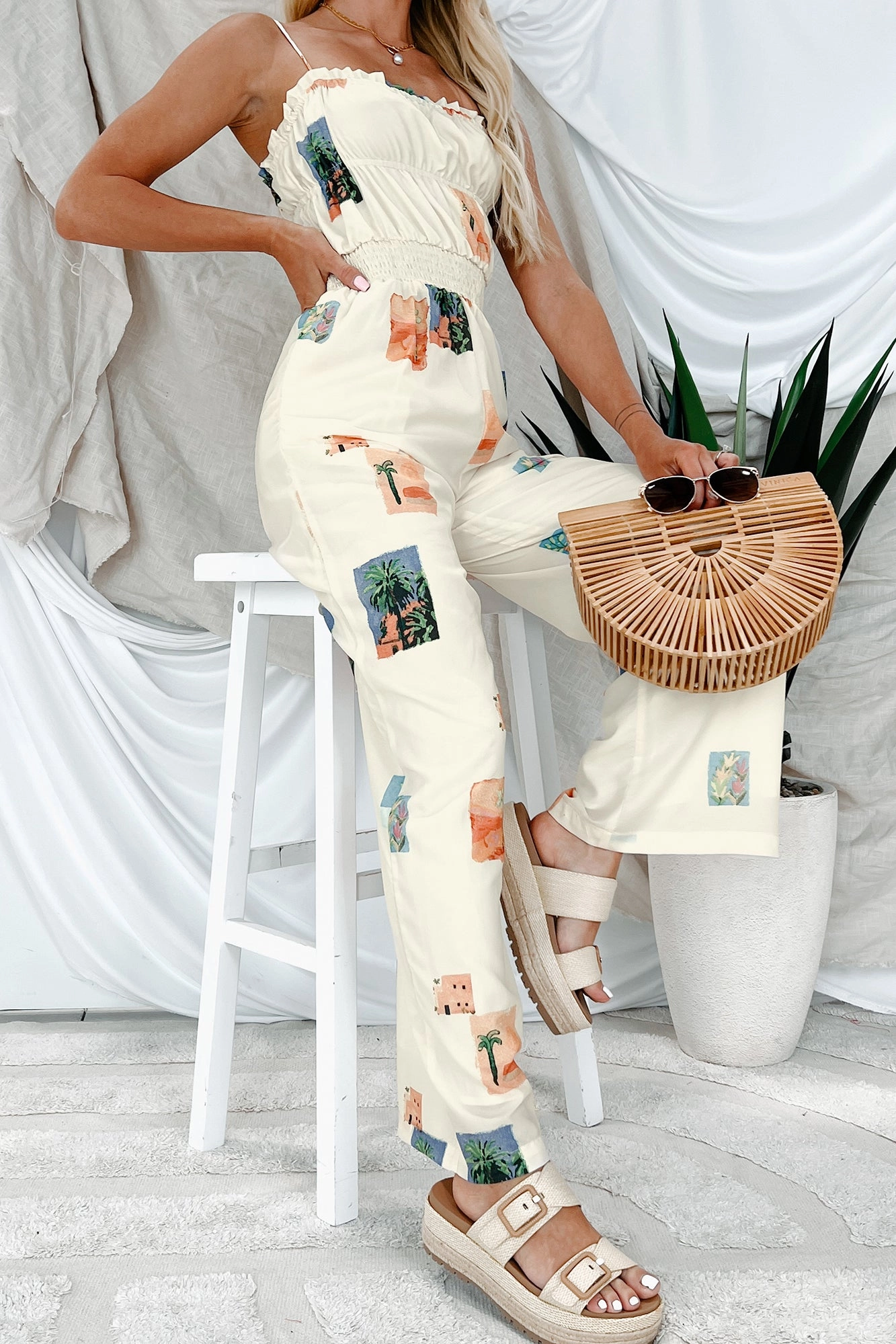 Satin Fabric Sun & Done Printed Wide Leg Jumpsuit (Cream)