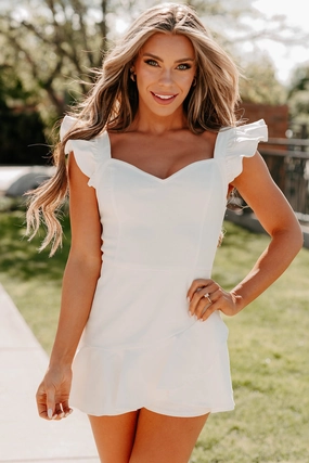 Scalloped-Edge Spotted In Soho Ruffled Denim Romper (White)