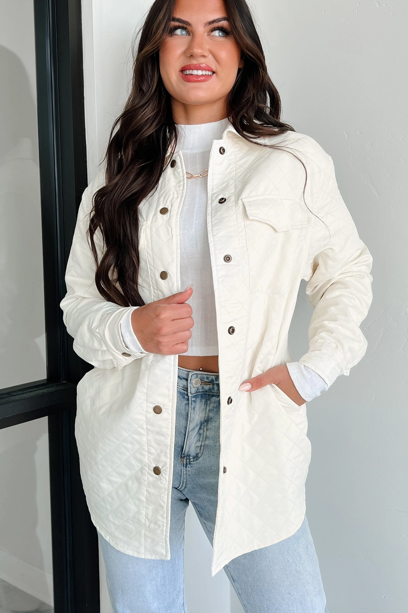 Elevated Composure Quilted Long Shacket (Cream) Reversible Dual Layer