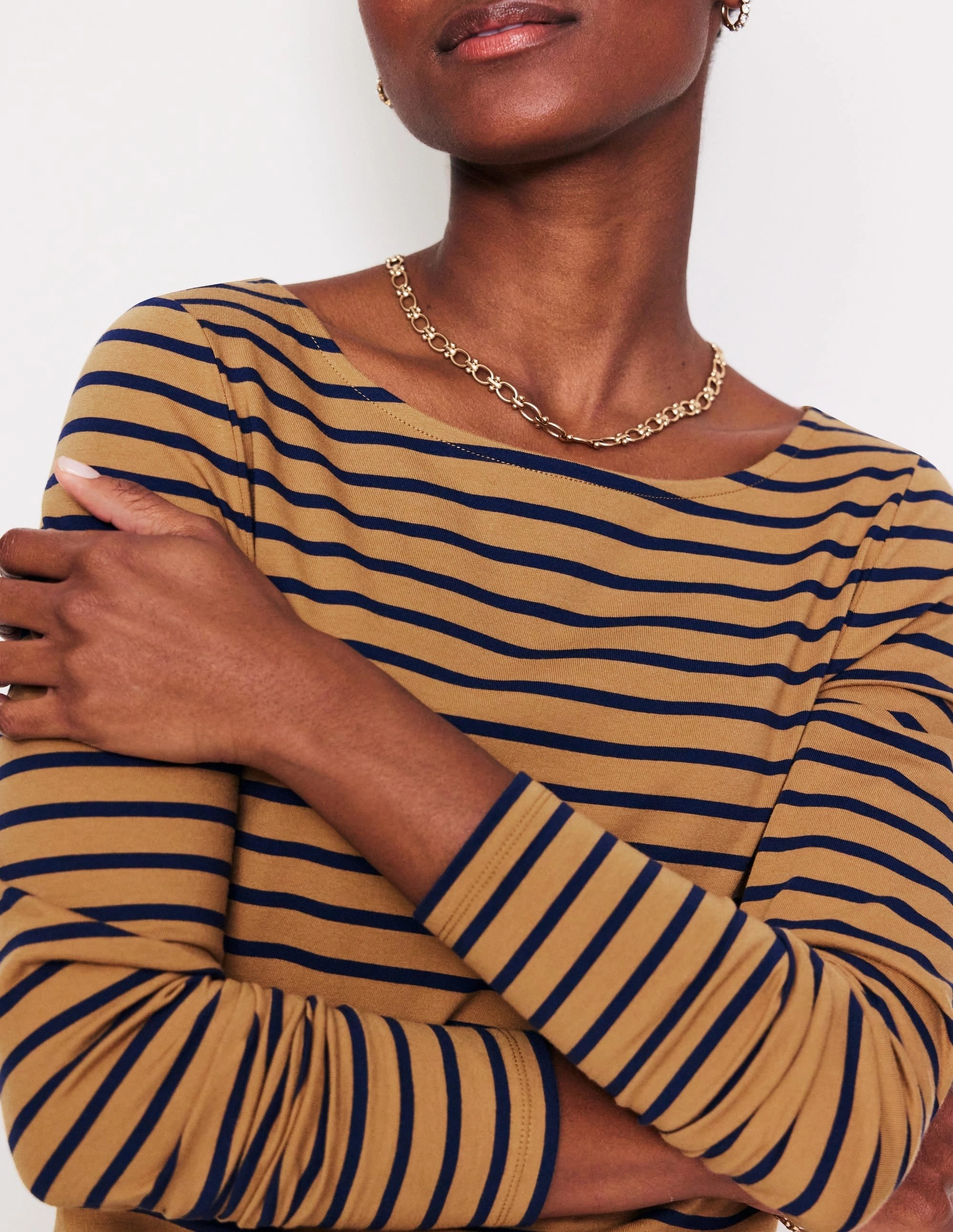 FadeResistant Finish Snag Resistant Fabric Ella Long Sleeve Breton-Camel, French Navy Stripe