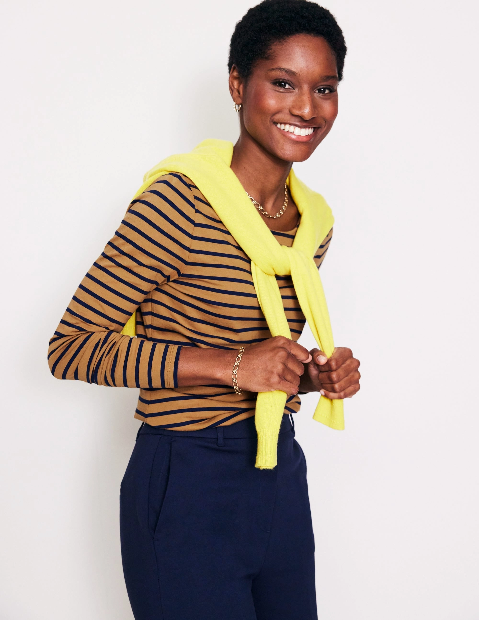 Ella Long Sleeve Breton-Camel, French Navy Stripe Compact Jacquard Weave