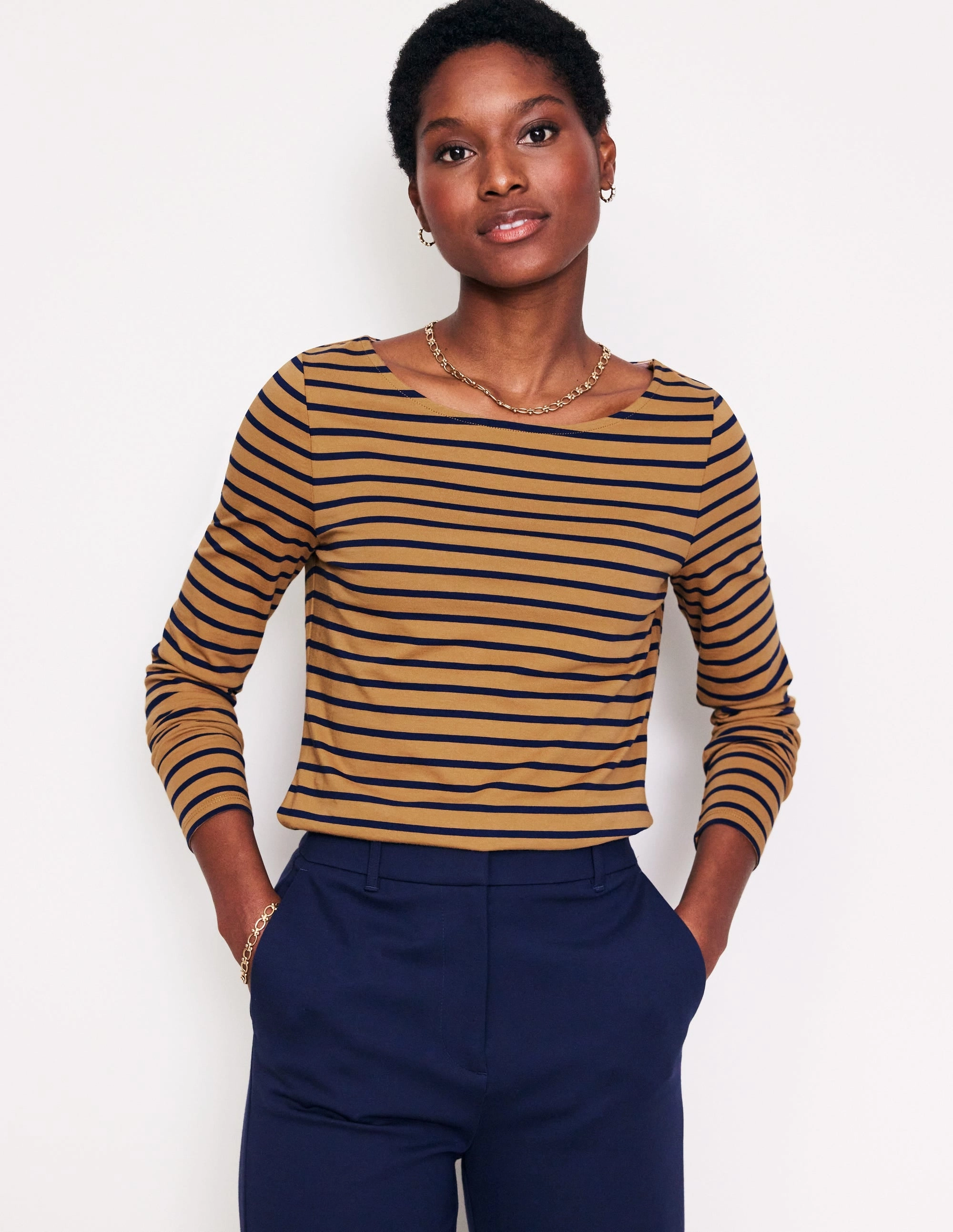 Ella Long Sleeve Breton-Camel, French Navy Stripe AntiPillingTechnology