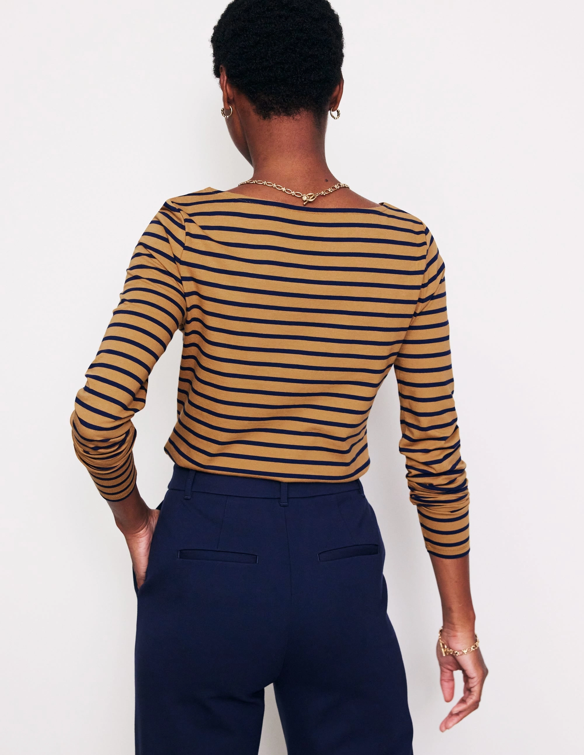 Ella Long Sleeve Breton-Camel, French Navy Stripe AdjustableCuffSystem Erasable Surface Coating