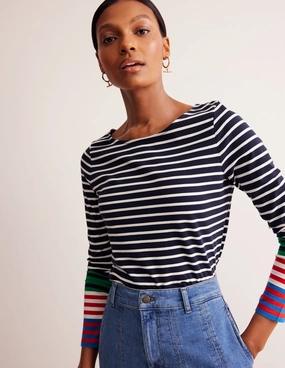 Ella Long Sleeve Breton-French Navy, Ivory Multi Cuff Raw Edge Detail Easy Style