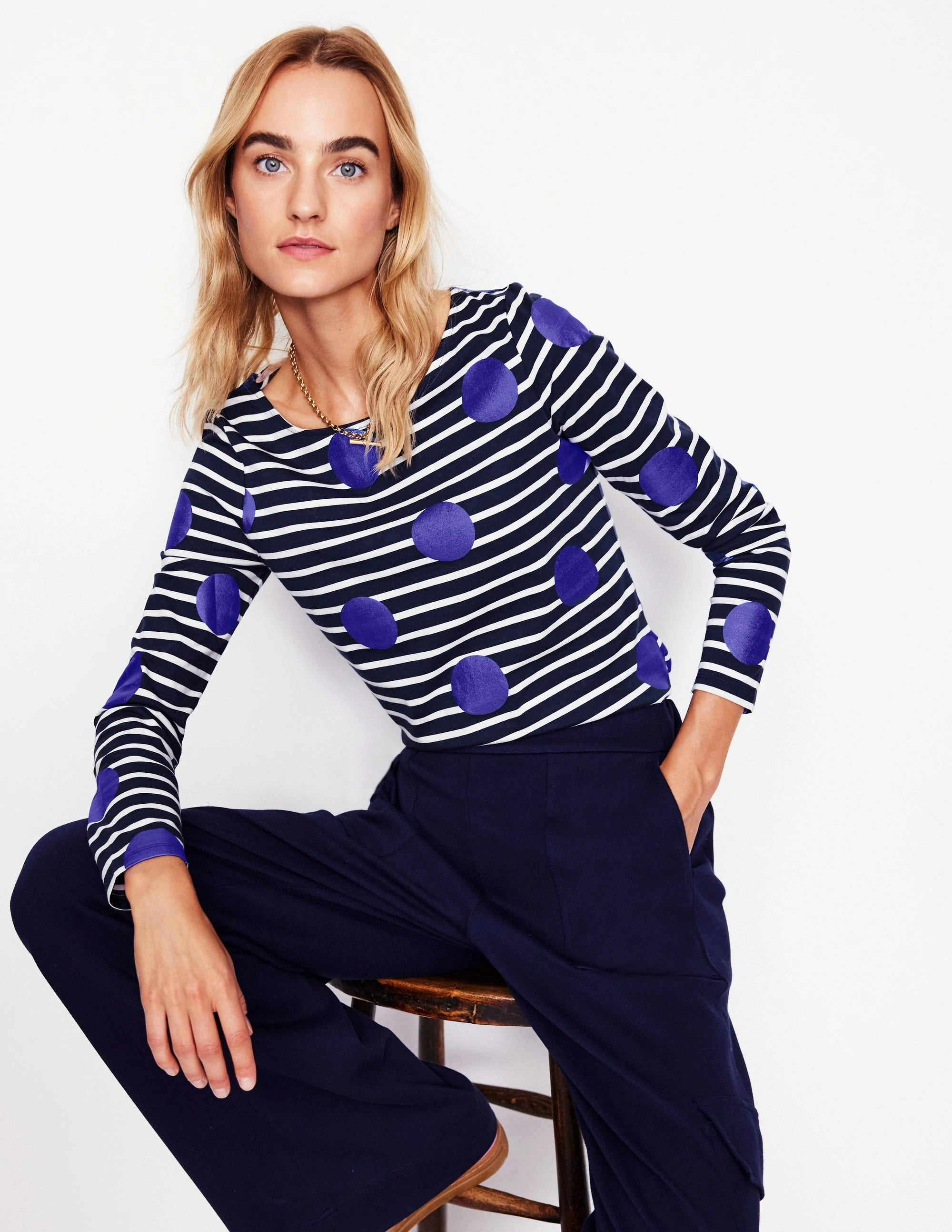 Fleece Pullover Ella Long Sleeve Breton-Navy, Ivory, Blue Spot