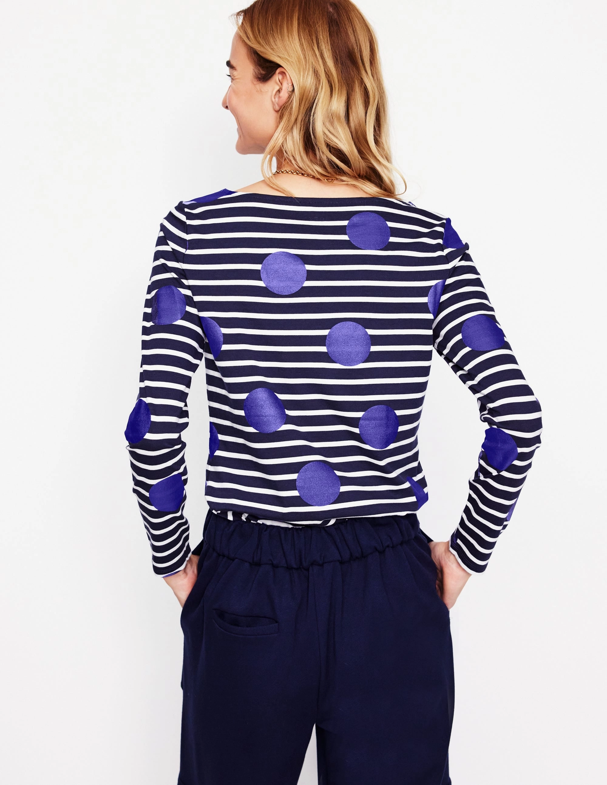 Stretchable Material Ella Long Sleeve Breton-Navy, Ivory, Blue Spot
