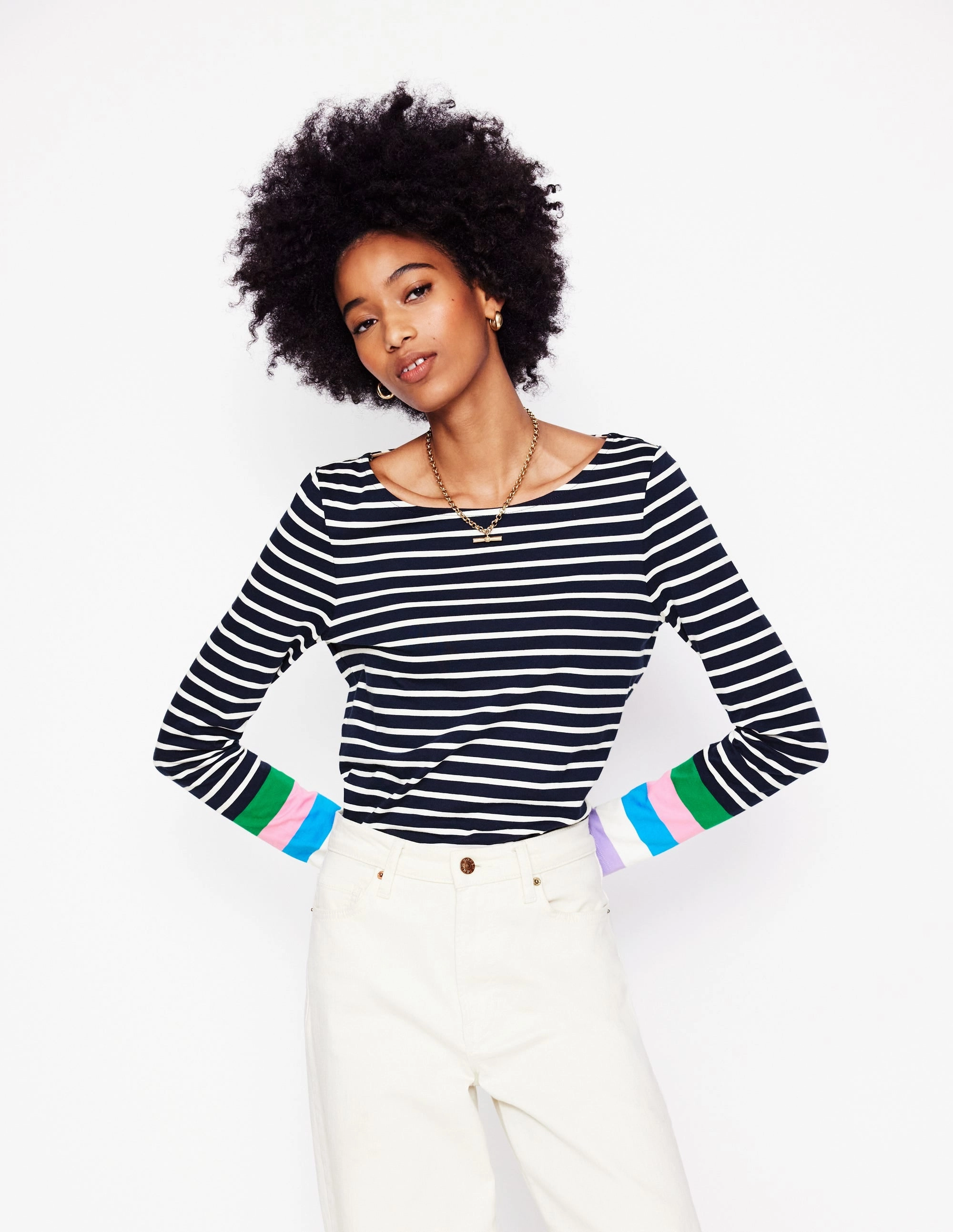 SweatAbsorbent Linen Blend Fabric Ella Long Sleeve Breton-Navy Multi Cuff