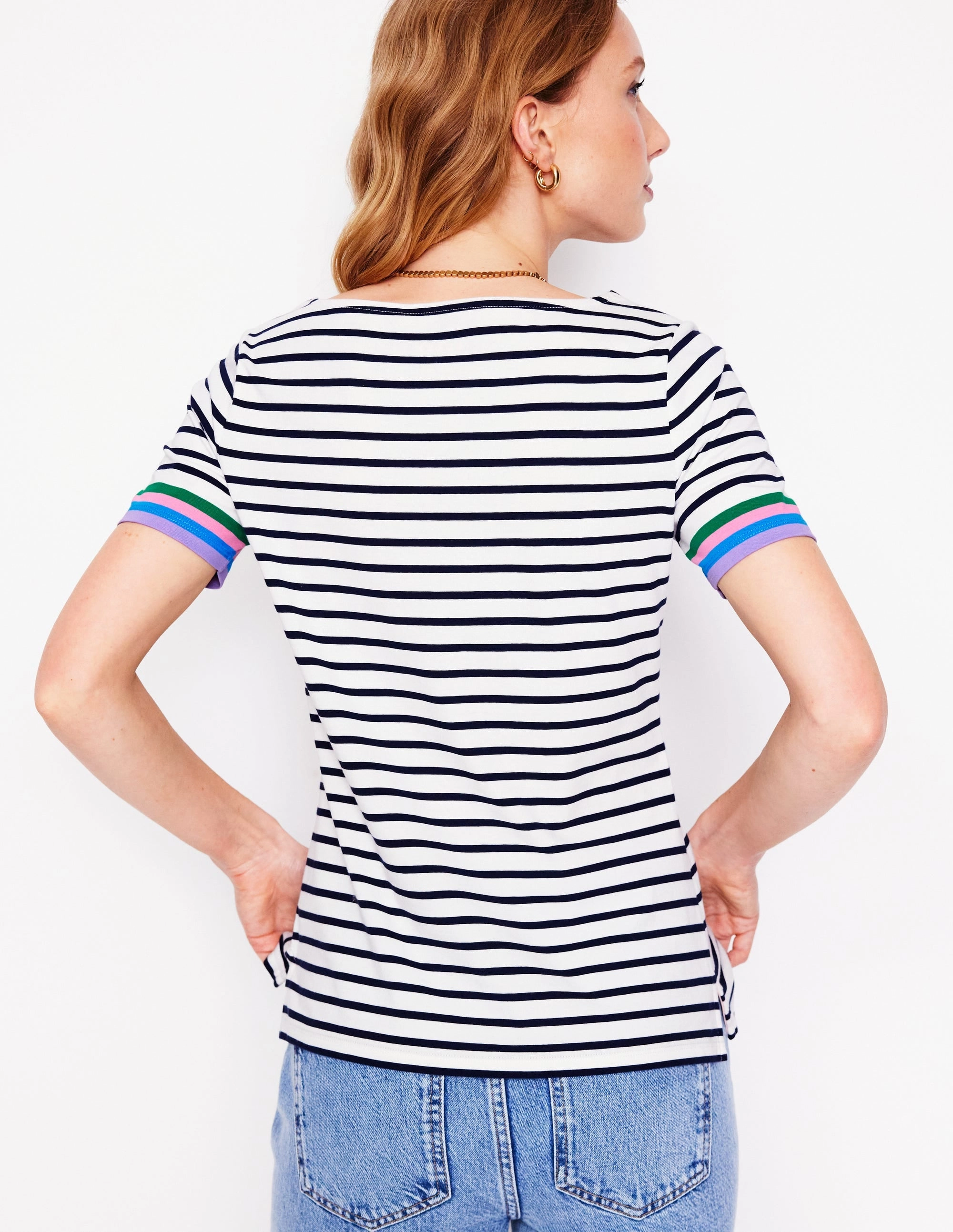 Multi Pocket Configuration Ella Short Sleeve Breton-Emerald, Purple Sleeve Stripe