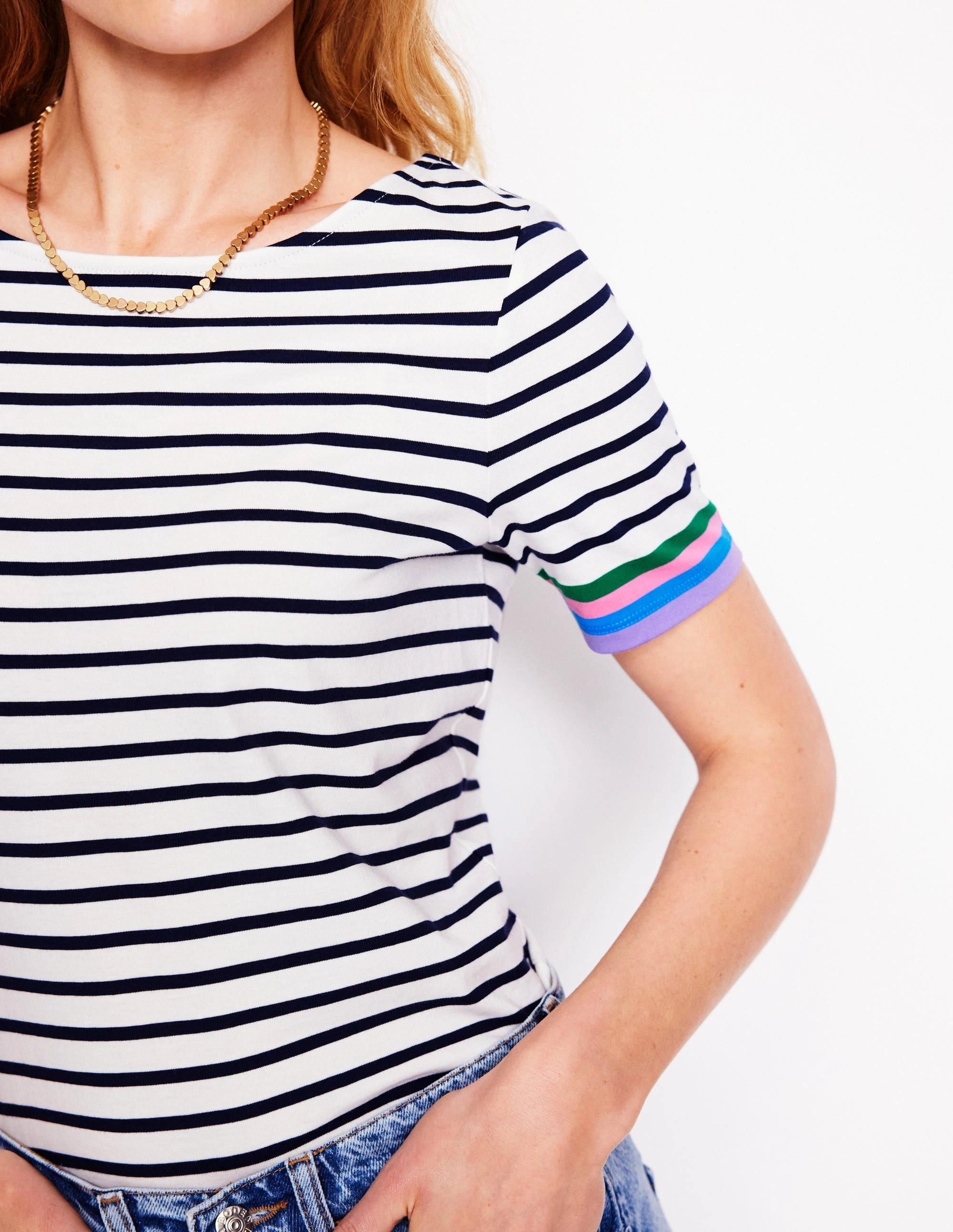 Sun Protective Fabric Double Needle Hemming Ella Short Sleeve Breton-Emerald, Purple Sleeve Stripe