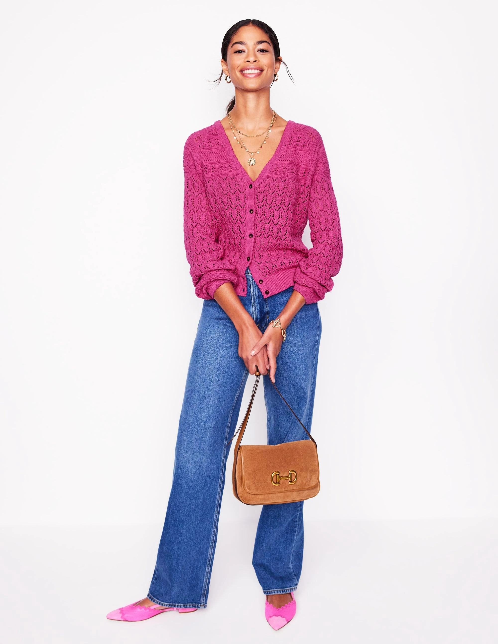 Elodie Stitch V-Neck Cardigan-Purple Damson Ribbed Collar Detail