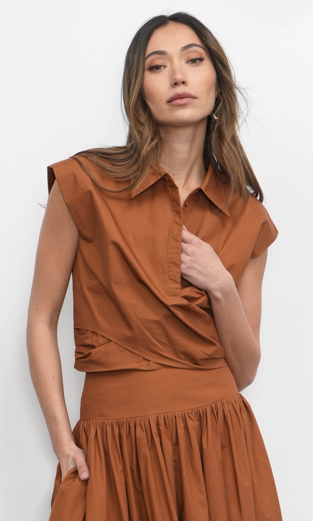ContouredPanels Eloise Wrap Front Extended Shoulder Poplin Top in Camel