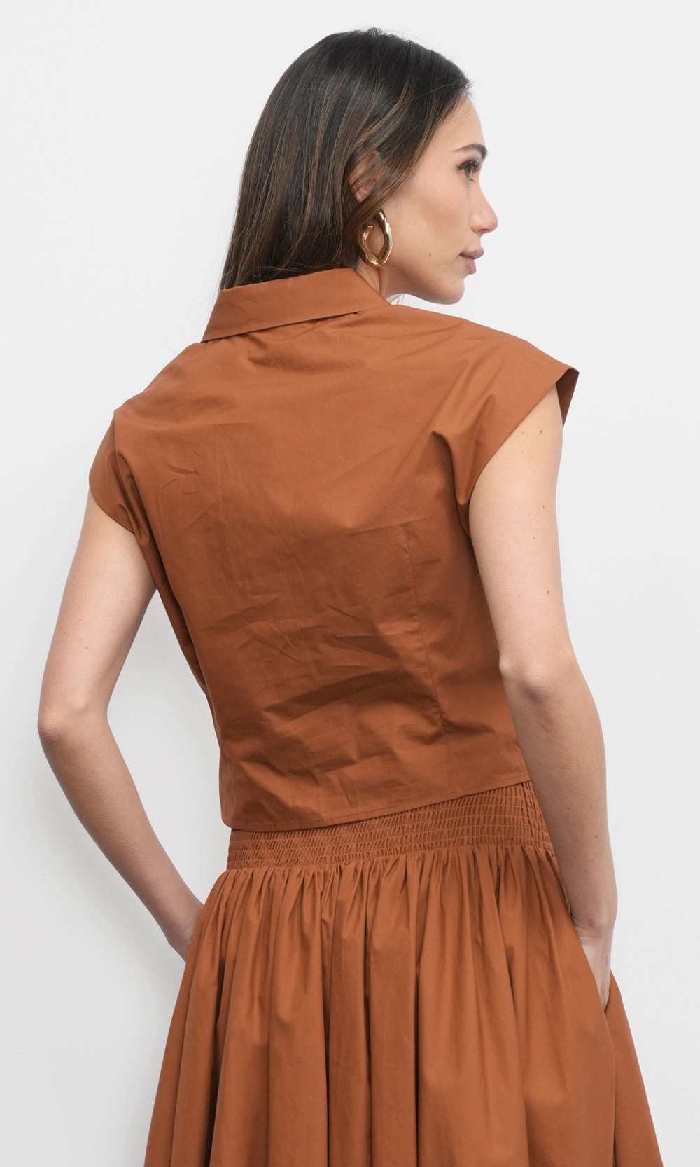 Eloise Wrap Front Extended Shoulder Poplin Top in Camel HighDensity Weave NonSlip Grip Tape