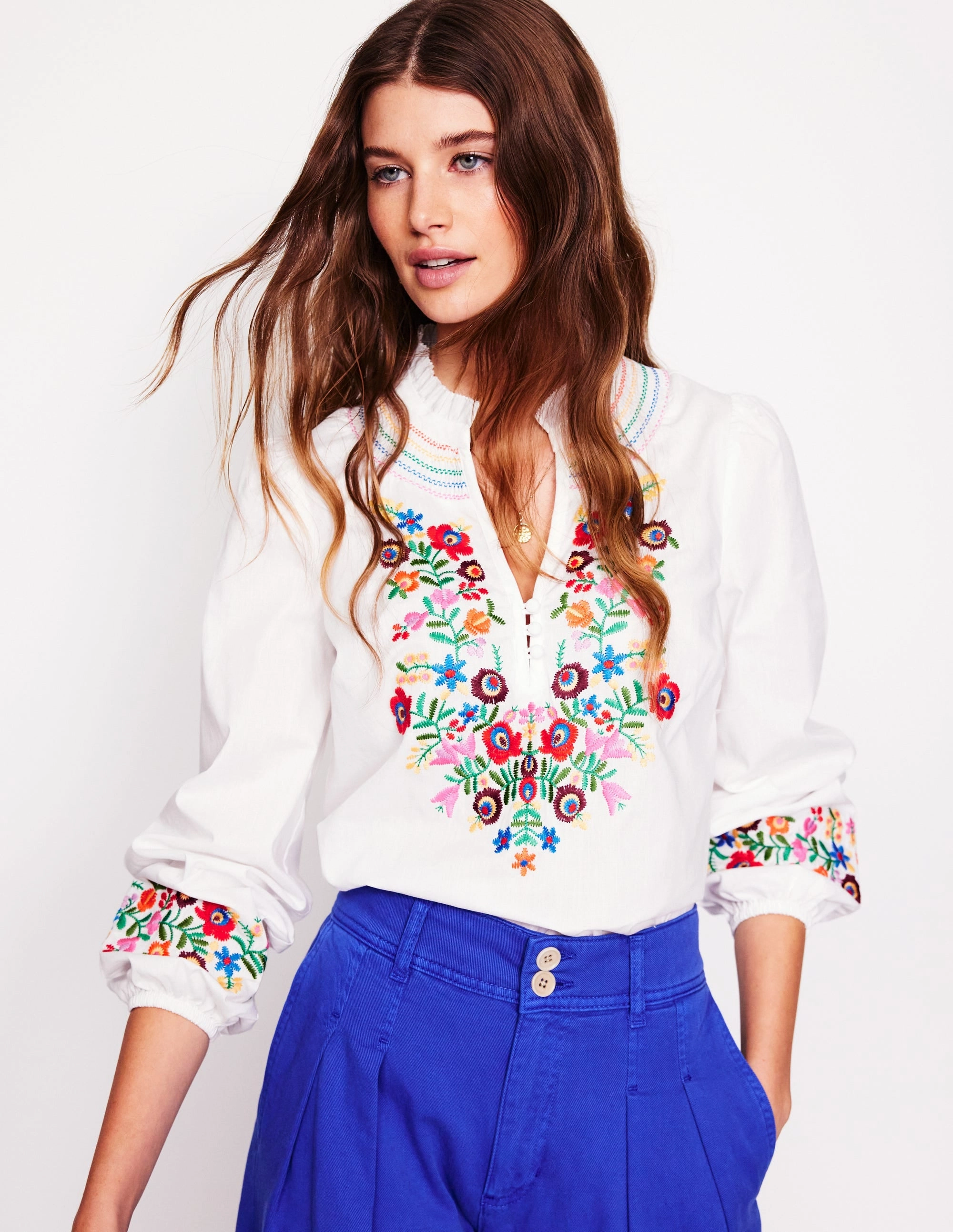 AllDay Comfort Embroidered Cotton Top-White, Multi Embroidery