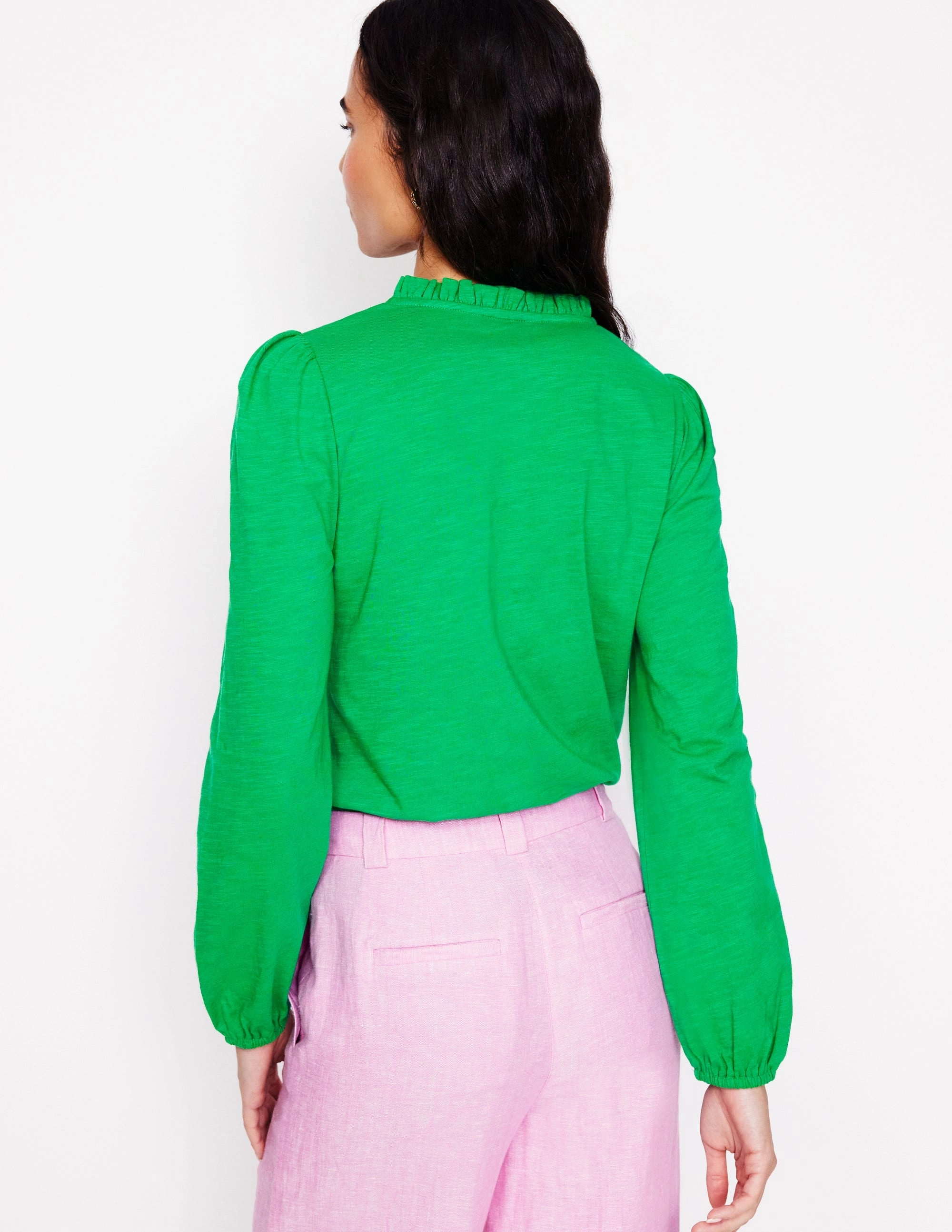 Embroidered Frill Neck Blouse-Rich Emerald SelfFabric Binding Basic Dress