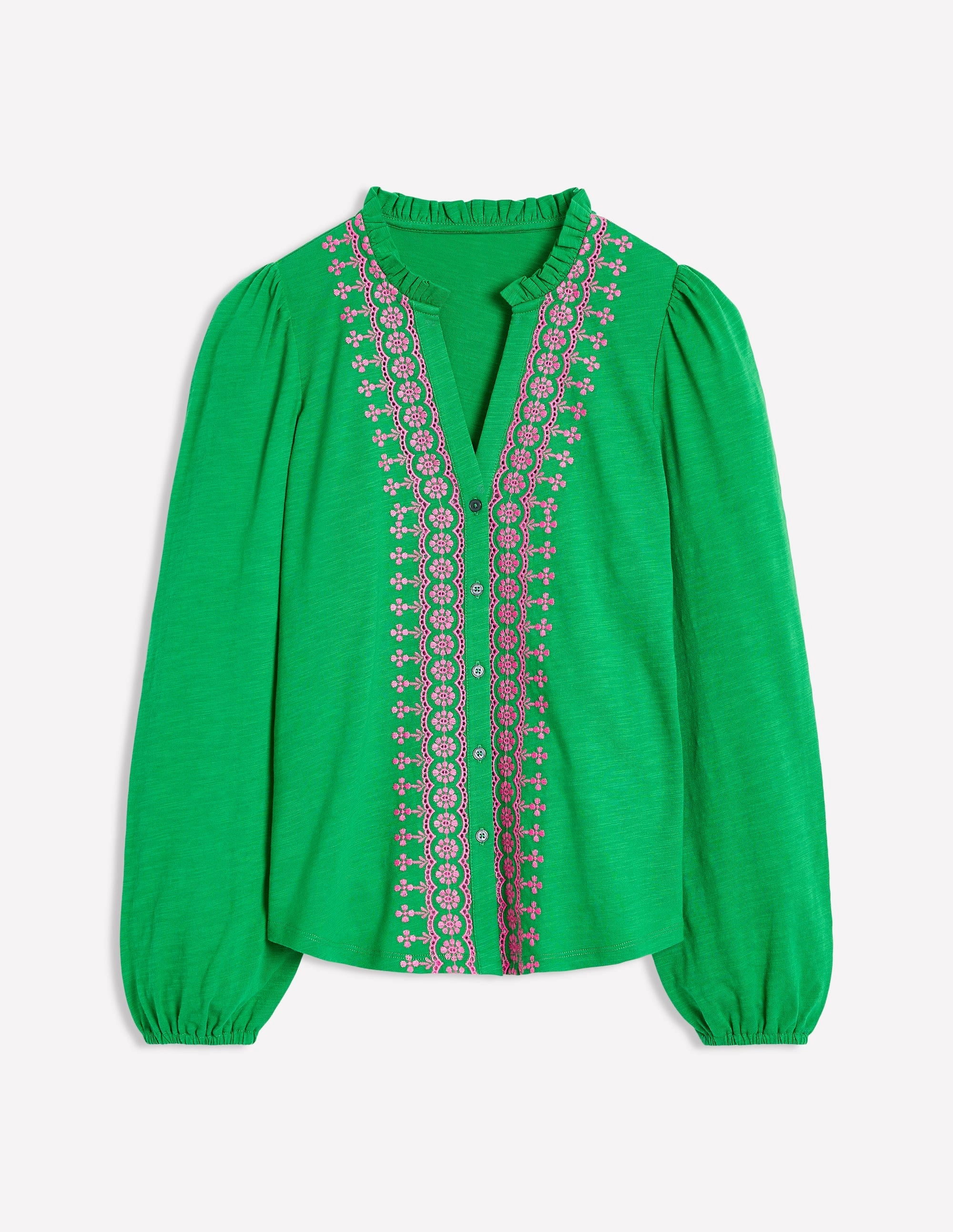 Embroidered Frill Neck Blouse-Rich Emerald QuickDryTechnology