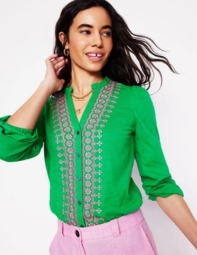 Embroidered Frill Neck Blouse-Rich Emerald Contrast Stitch Reflective Accent Trim