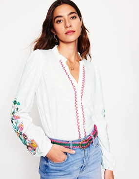 DurableWeave BlendMaterials Embroidered Frill Neck Blouse-White, Multi Floral Embroidery