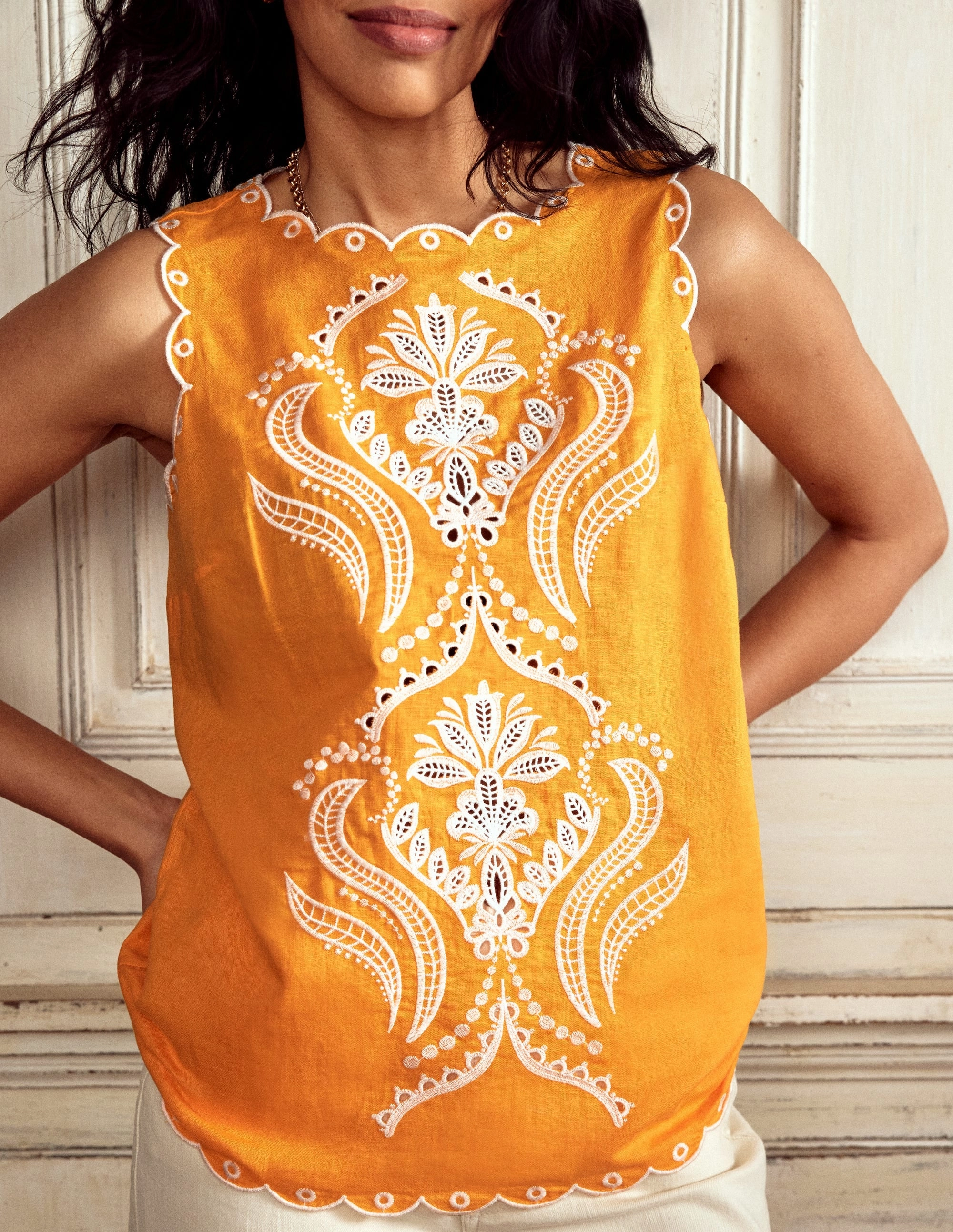 Embroidered Linen Blend Top-Summers Sun Yellow Outdoor Wear