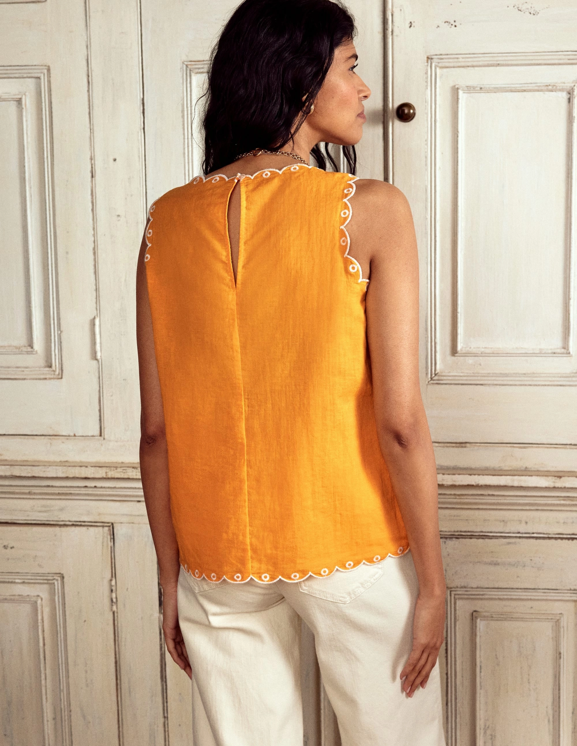 Non Slip Shoulder Seams Embroidered Linen Blend Top-Summers Sun Yellow