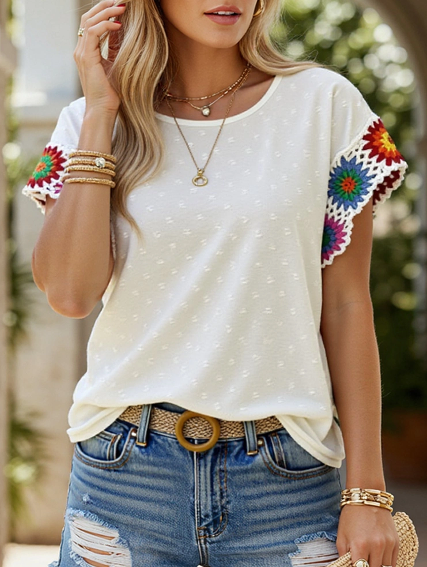 Embroidered Polka Dot Top ??Women's Casual Round Neck Short Sleeve Blouse Organic Cotton Fiber