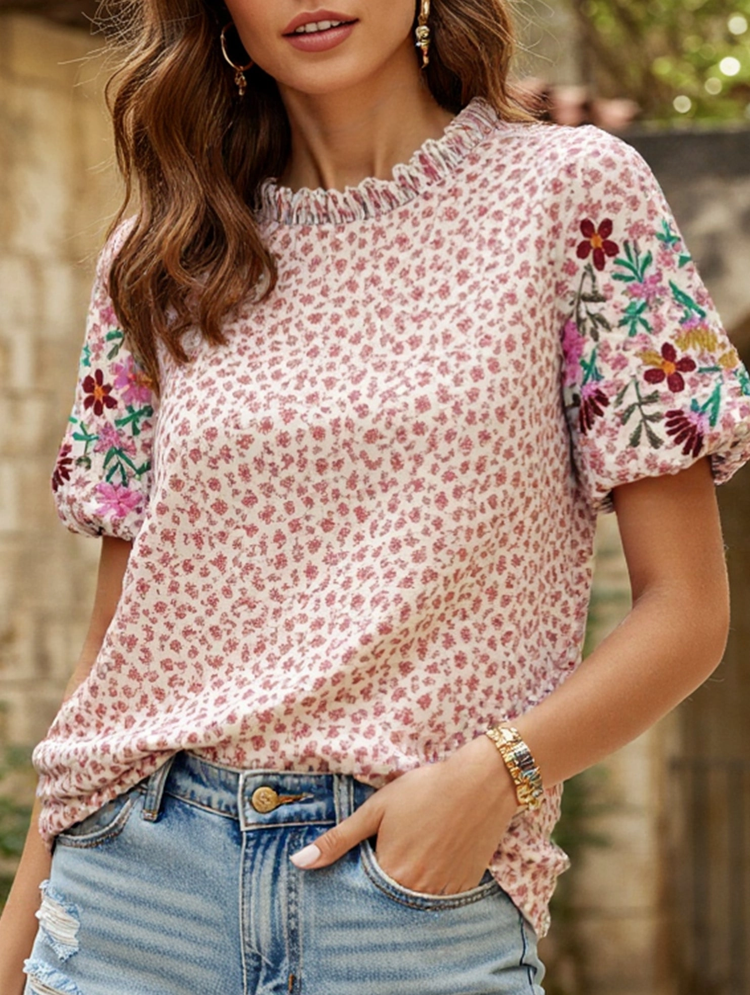 Midweight Four Way Stretch Hidden Zipper Closure Embroidered Printed Turtleneck Blouse ??Boho Chic High Neck Long Sleeve Top