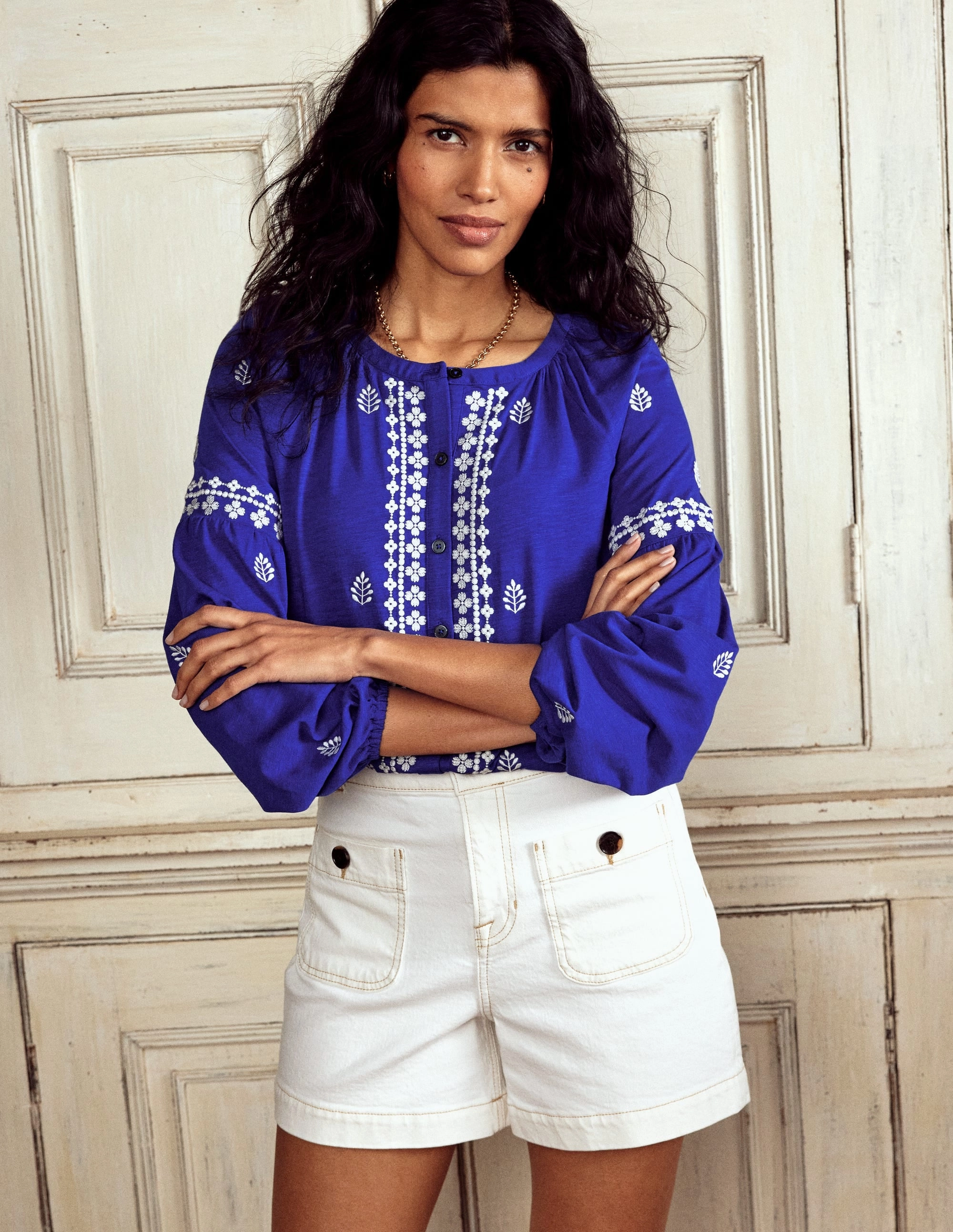 Embroidered Seam Sleeve Shirt-Bright Blue MultiPocket Design PlushLining