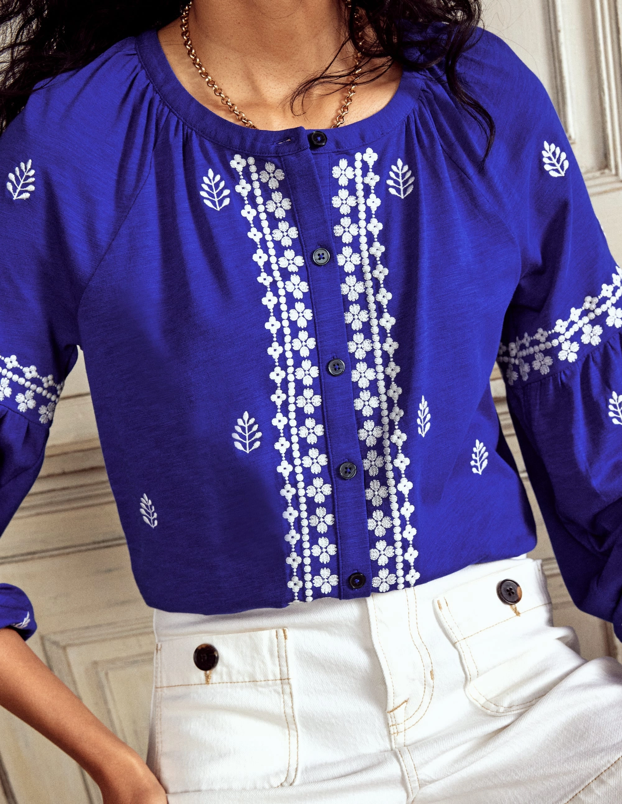 NoSlipSurface Embroidered Seam Sleeve Shirt-Bright Blue
