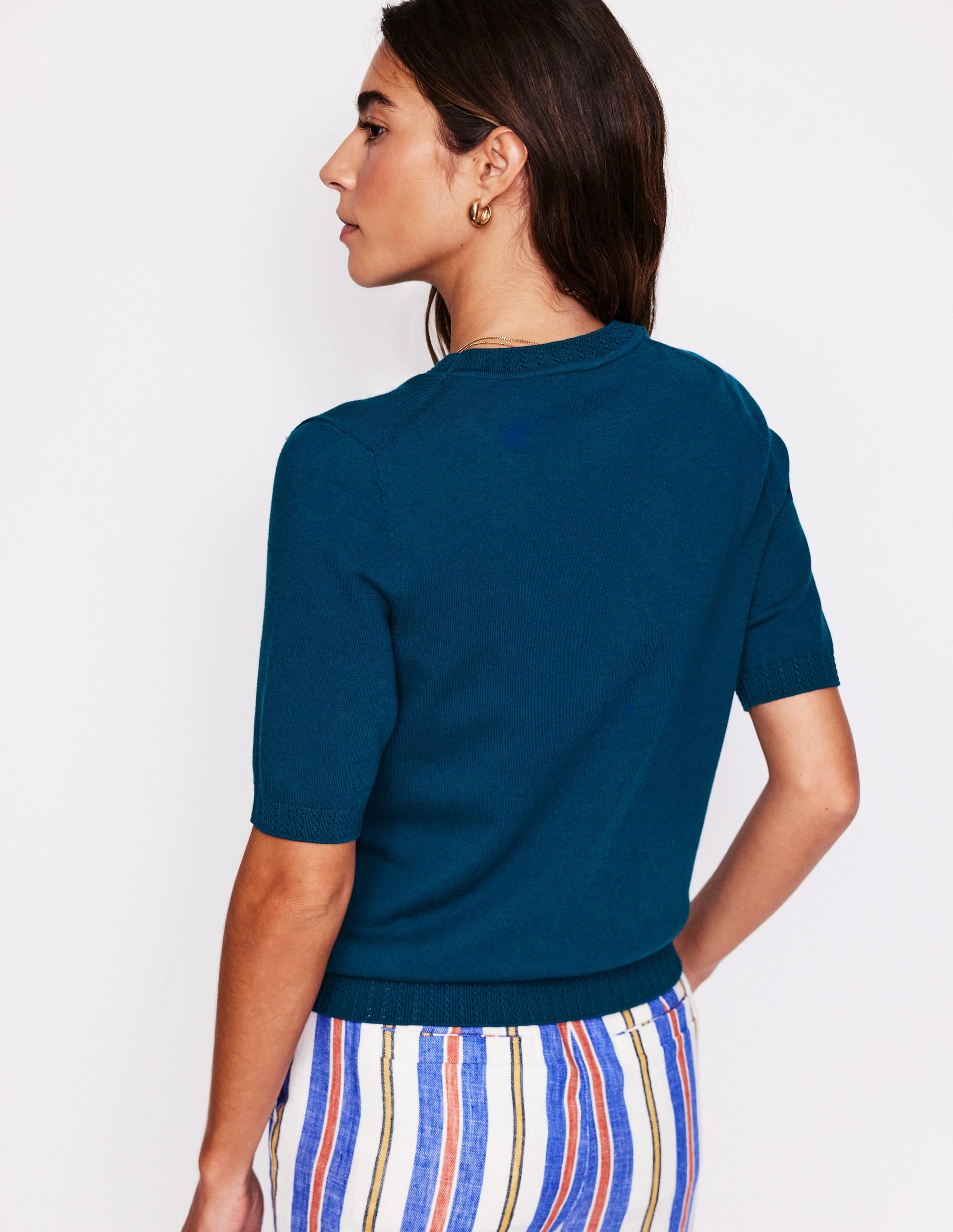 Emilia Cotton Crew T-shirt-Harbour Blue Stretchable Waistband DoubleLayered Edging