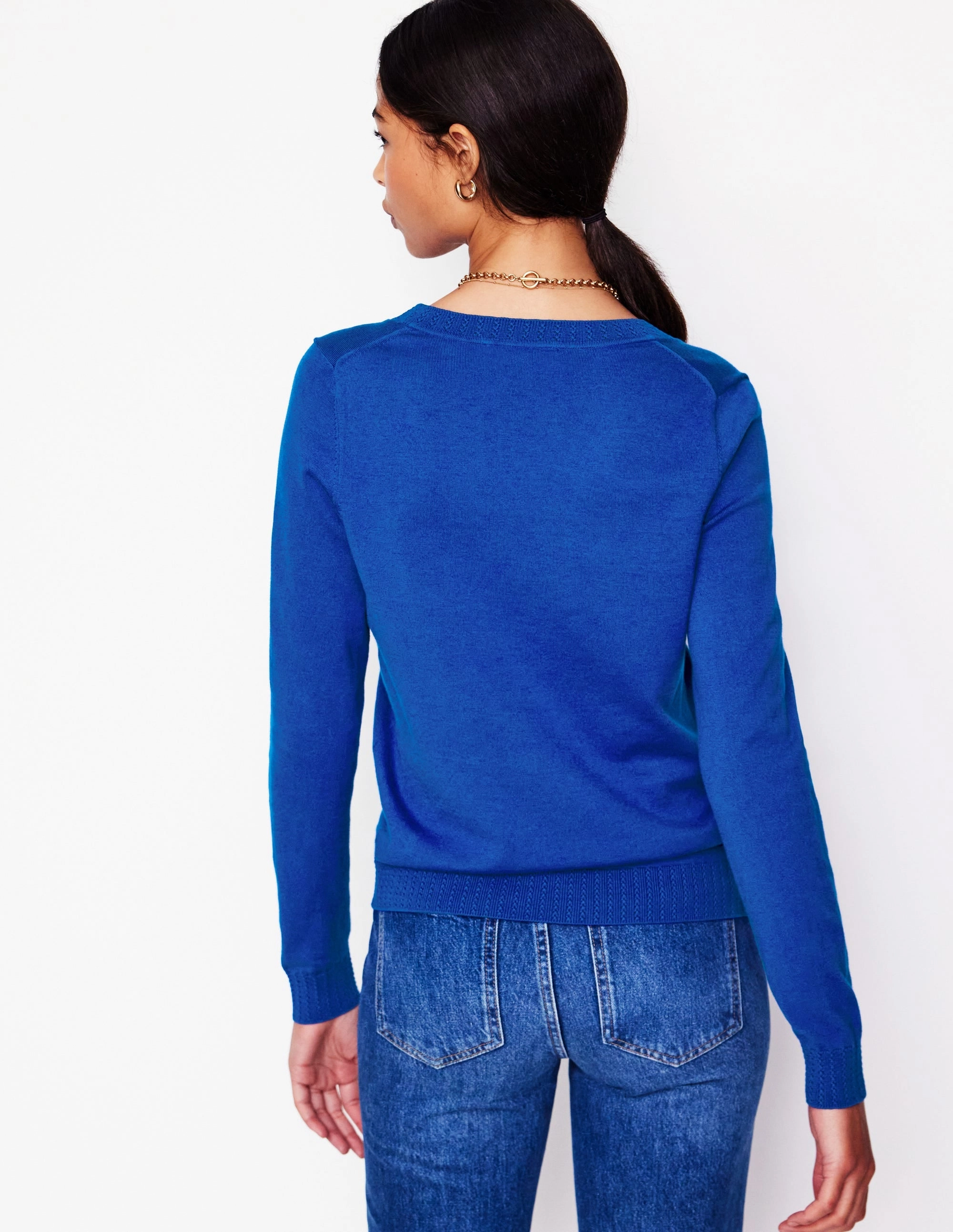Emilia Cotton V-Neck Jumper-Bright Blue City Outfit