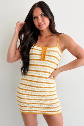 Comfortable Layering Simple Ease Endless Days Striped Crochet Mini Dress (Sunbaked)