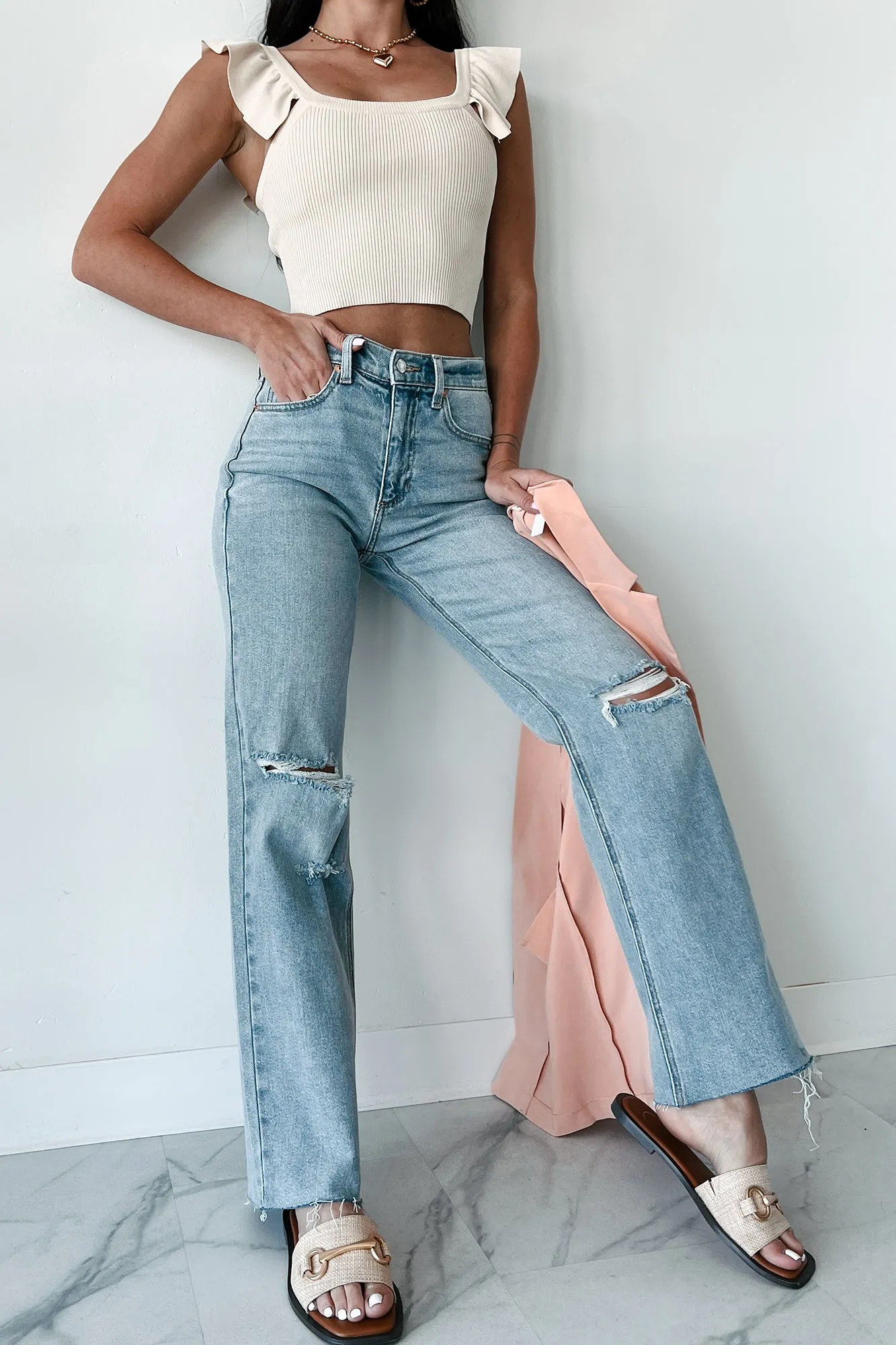 Eco Friendly Lightweight Modern Neutral Fit Piece Enid High Rise Distressed Sneak Peek Straight Leg Jeans (Medium Light)