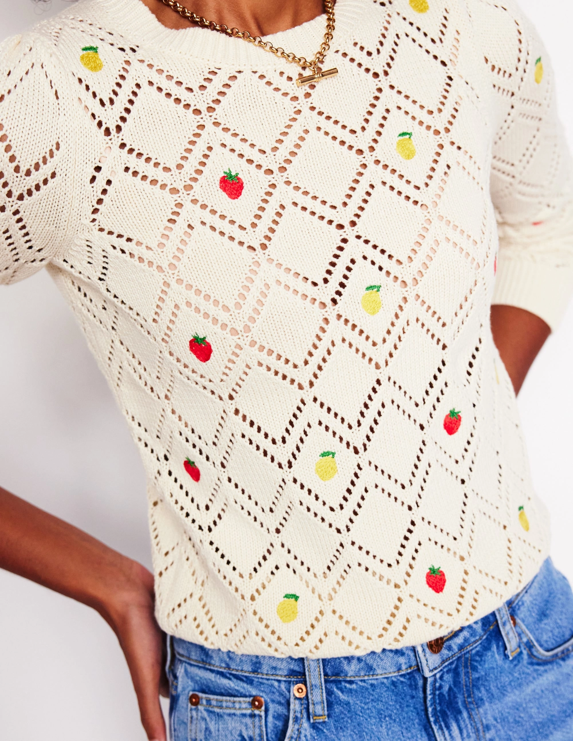 AirflowOptimized Pattern Breathable Yarn Enid Embroidered Jumper-Warm Ivory, Fruit