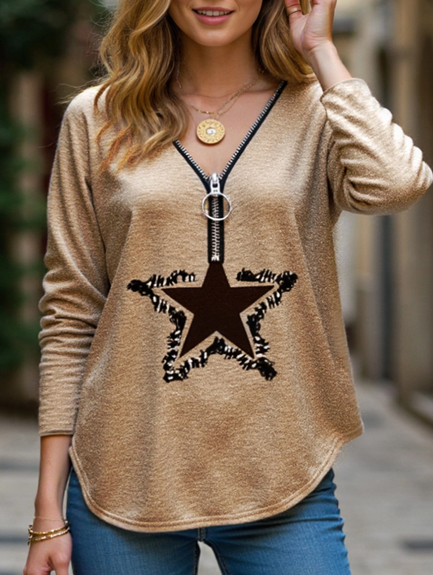 zippered v-neck long-sleeved pullover loose shirt Adjustable Shoulder Straps