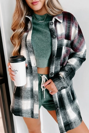 Heading North Oversized Colorblock Plaid Shacket (Black/Burgundy) Odor Resistant Finish Quick Release Fastener