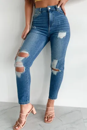 Ariah High Rise Distressed Mom Jeans (Medium Denim) Night Out City Walk Minimalist
