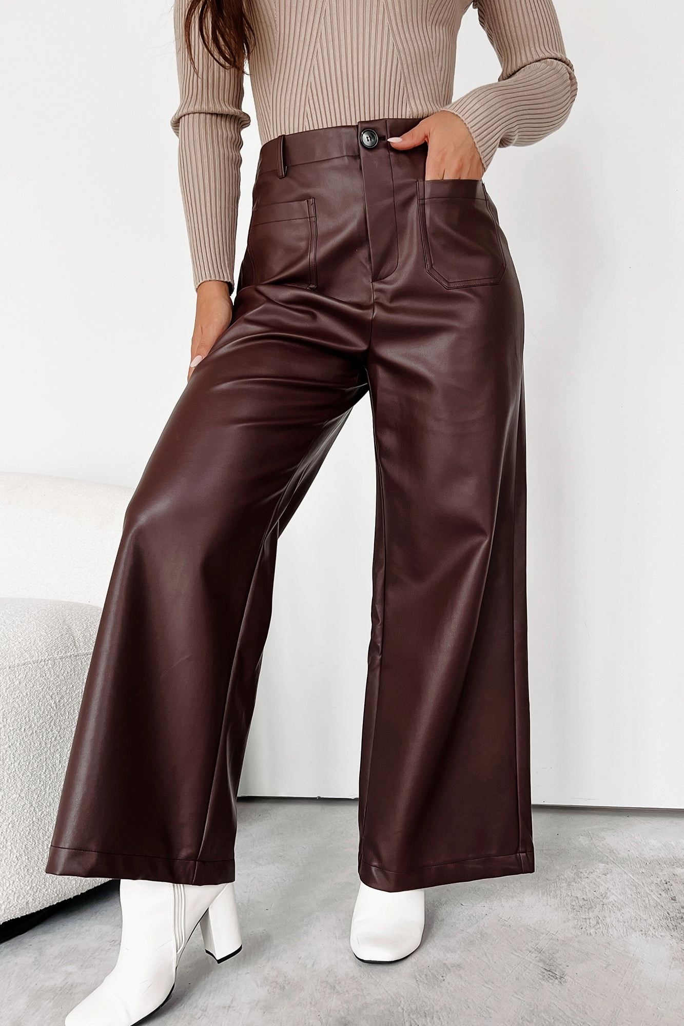 QuickReleaseBuckle More Than Usual Wide-Leg Faux Leather Pant (Chocolate)