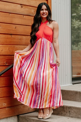Beauty Awaits Striped Halter Maxi Dress (Tomato Red) Wool-Blend