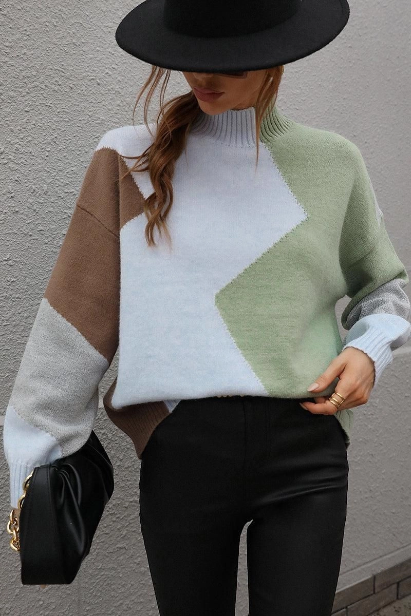 TURTLE NECK COLOR BLOCK CASUAL SWEATER TOP OdorResistant Technology